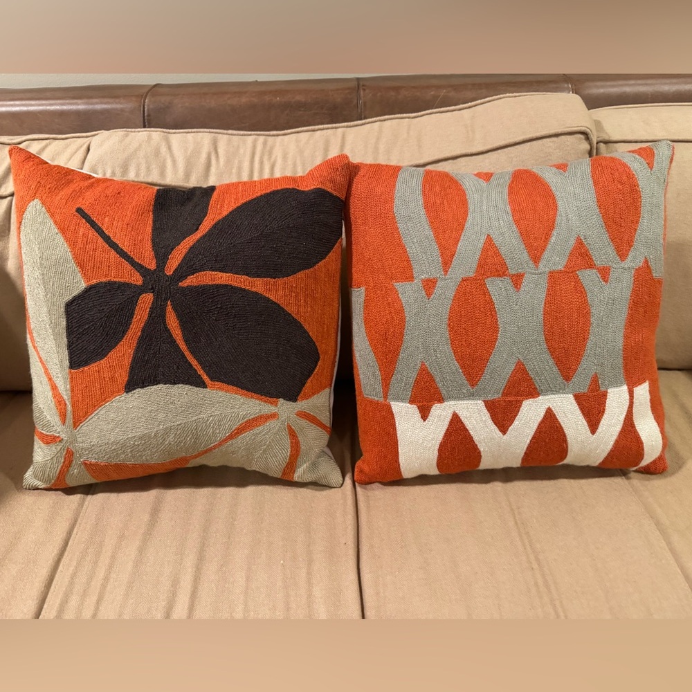 Pair of Two Judy Ross Orange Pattern Accent Pillows